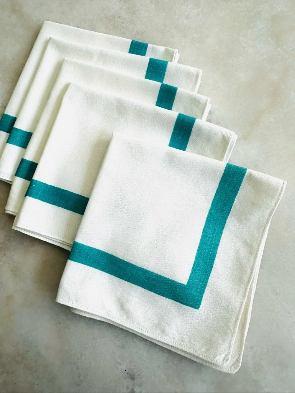 Vintage Cotton Napkins with Teal Border (4)